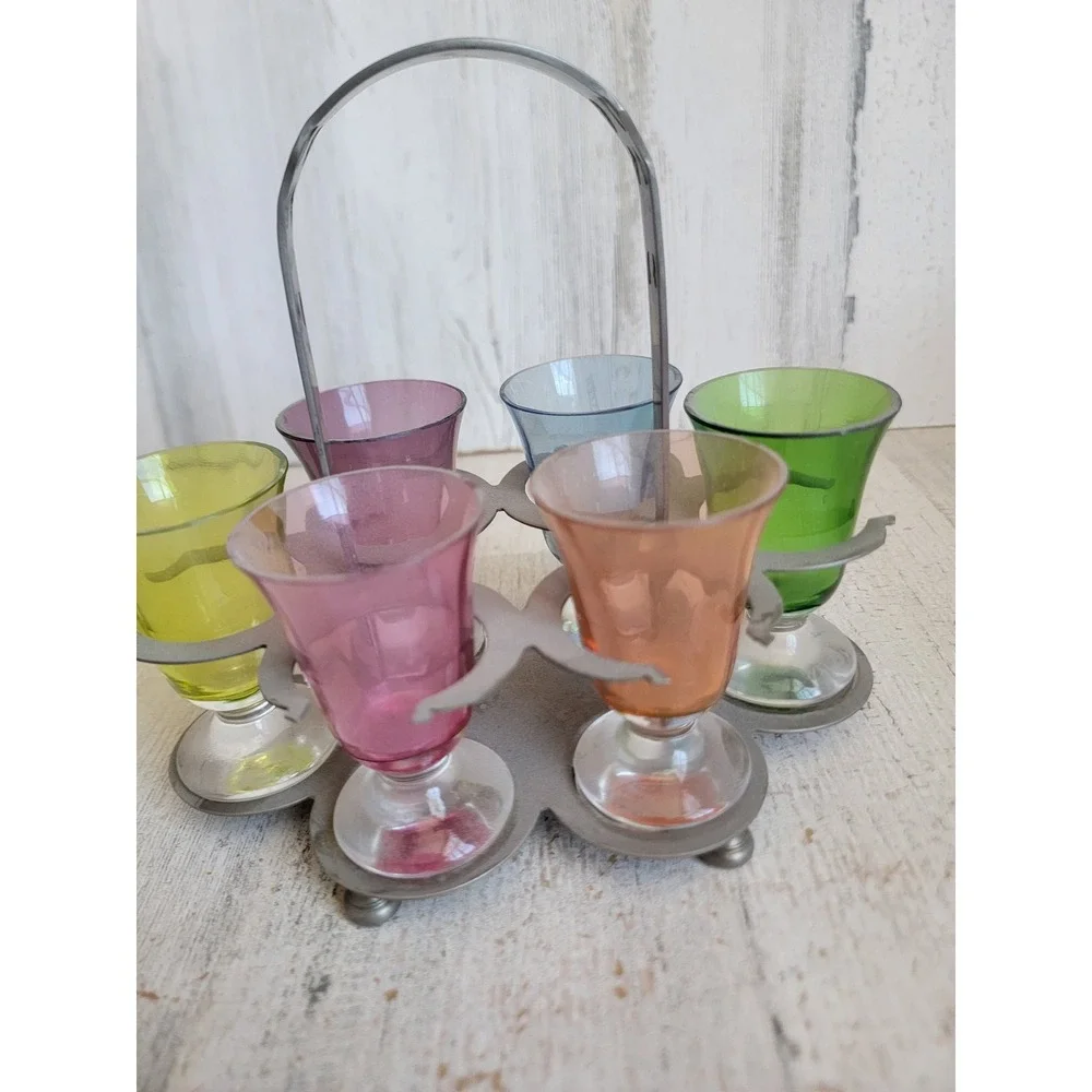 Vintage rainbow Farber ware art deco shot tray metal multi color set home